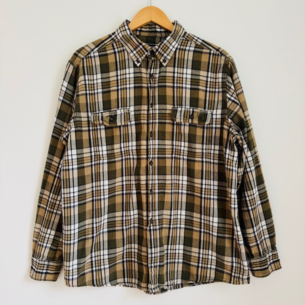 Retro Plaid Flannel Button‎ Down Shirt Olive Tan Faded Glory Size XL